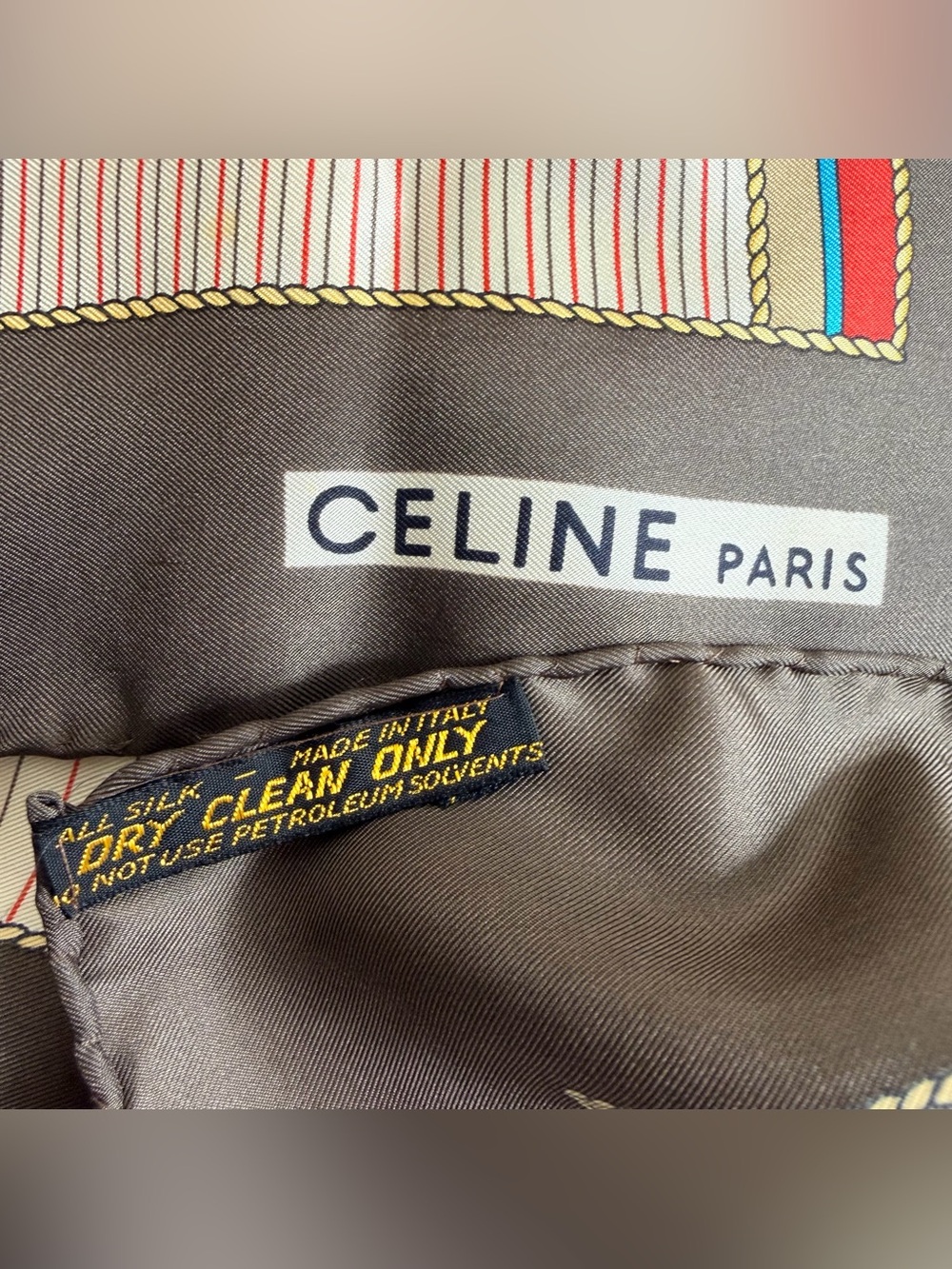 Celine Cream Horse Bit Silk Scarf with Red and Blue Stripe & Brown Border - Picture 3 of 9